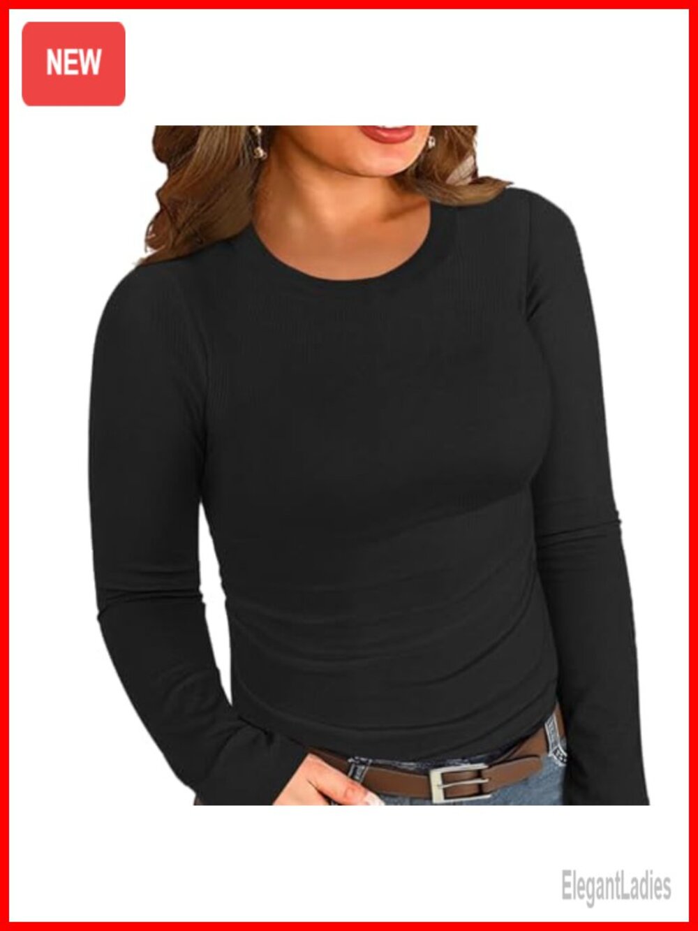 Plus Size Ribbed Knit Long Sleeve Crew Neck Fitted Tee